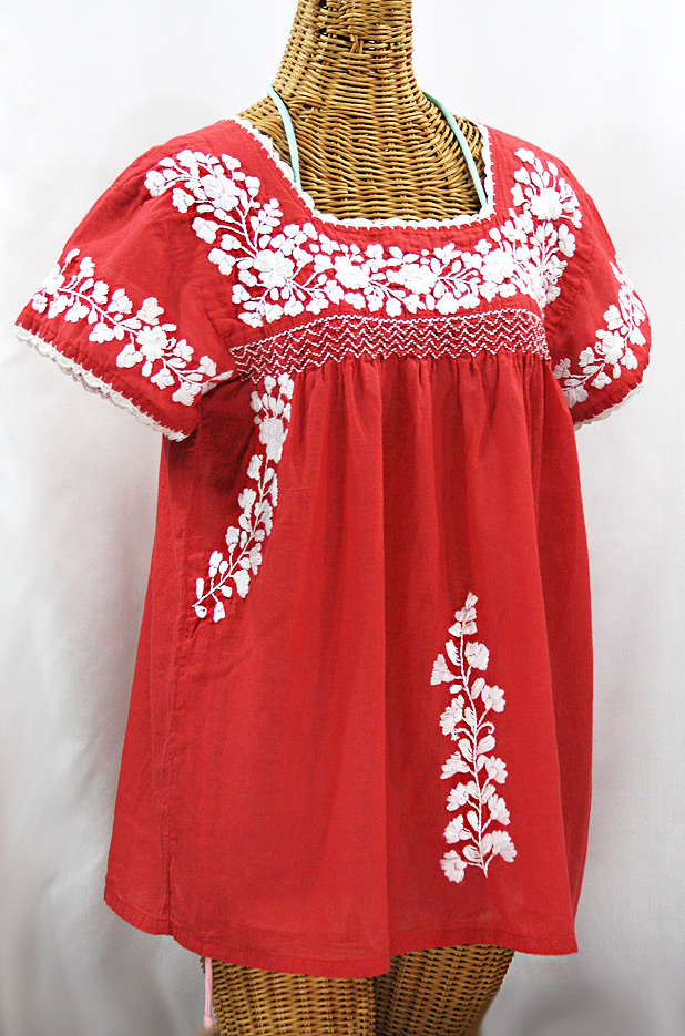 "La Marina Corta" Embroidered Mexican Peasant Blouse - Tomato Red + White