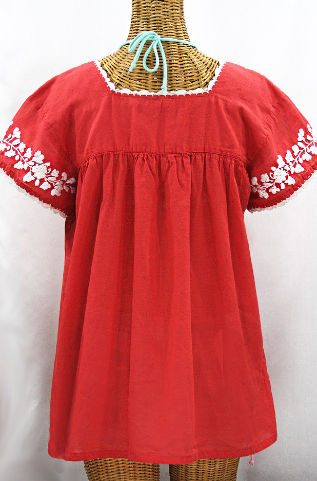 "La Marina Corta" Embroidered Mexican Peasant Blouse - Tomato Red + White