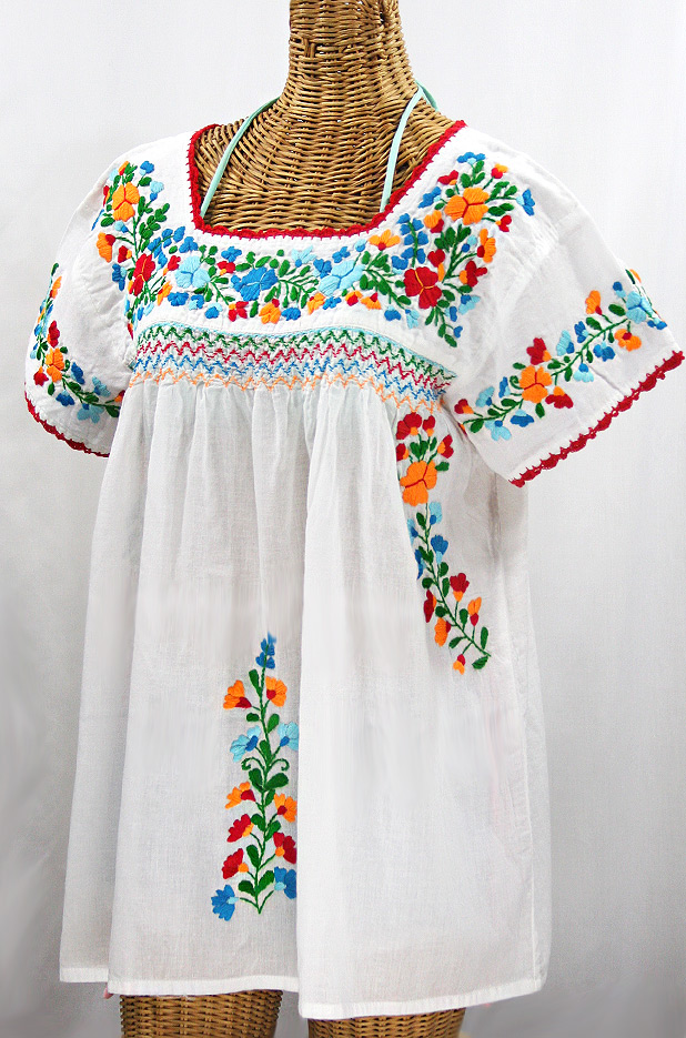 "La Marina Corta" Embroidered Mexican Peasant Blouse - White + Fiesta