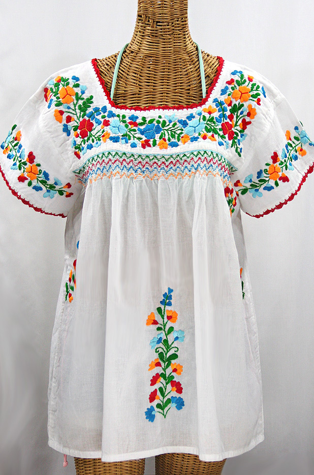 "La Marina Corta" Embroidered Mexican Peasant Blouse - White + Fiesta