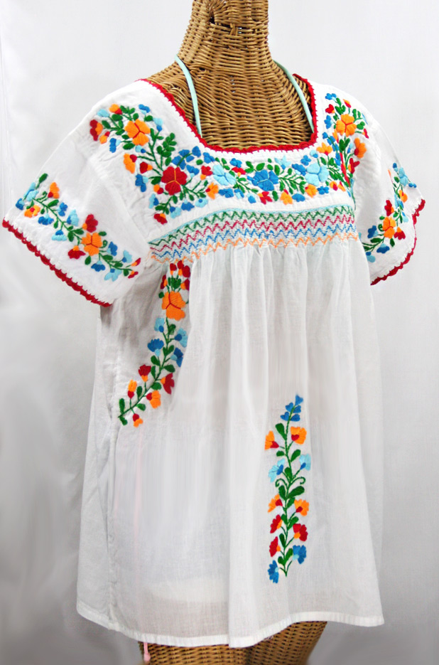 "La Marina Corta" Embroidered Mexican Peasant Blouse - White + Fiesta