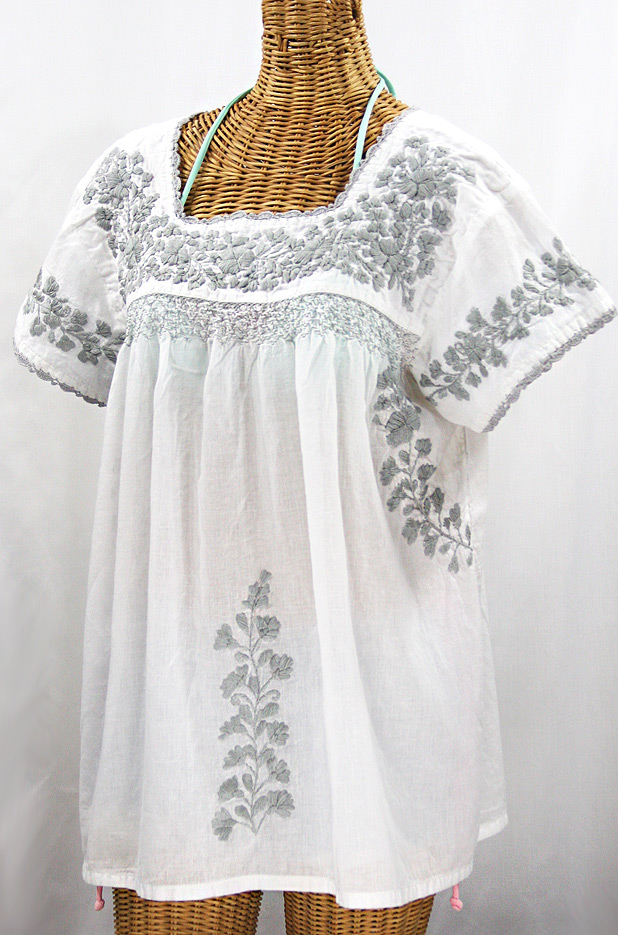 "La Marina Corta" Embroidered Mexican Peasant Blouse - White + Grey