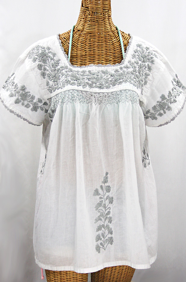 "La Marina Corta" Embroidered Mexican Peasant Blouse - White + Grey