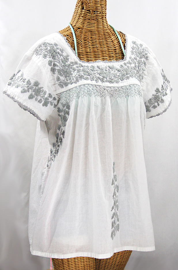 "La Marina Corta" Embroidered Mexican Peasant Blouse - White + Grey