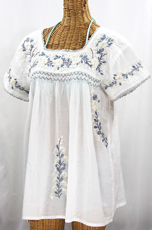 "La Marina Corta" Embroidered Mexican Peasant Blouse - White + Shades of Grey