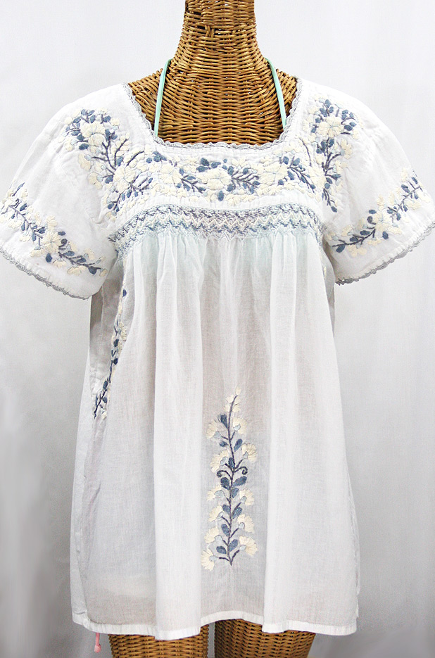"La Marina Corta" Embroidered Mexican Peasant Blouse - White + Grey Mix