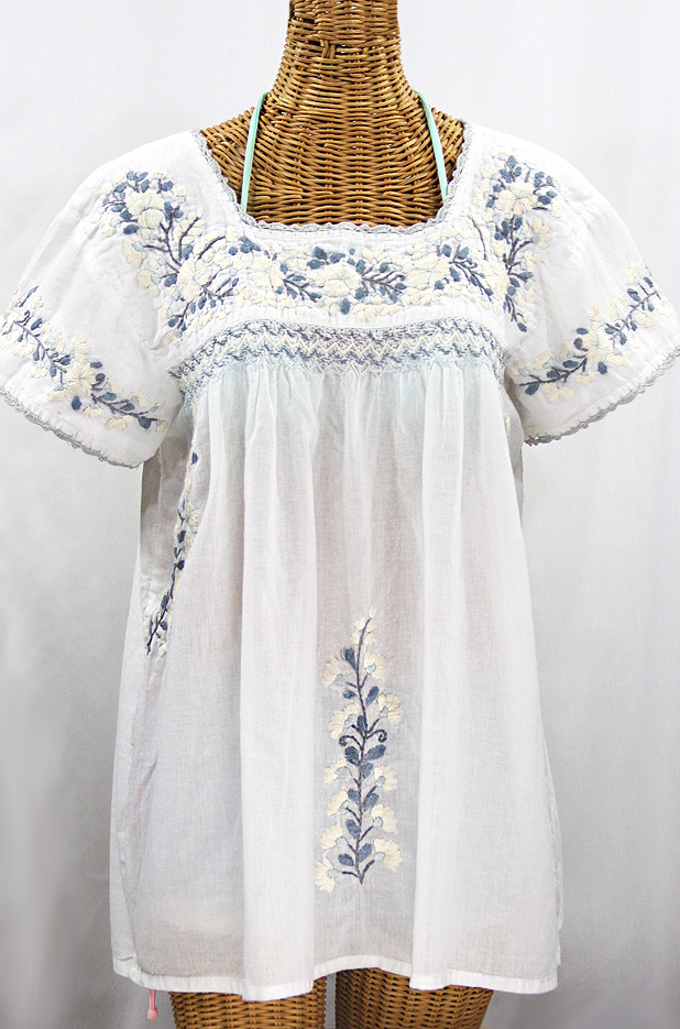 "La Marina Corta" Embroidered Mexican Peasant Blouse - White + Shades of Grey