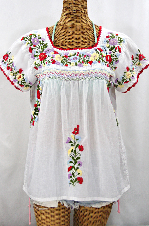 "La Marina Corta" Embroidered Mexican Peasant Blouse - White + Multi