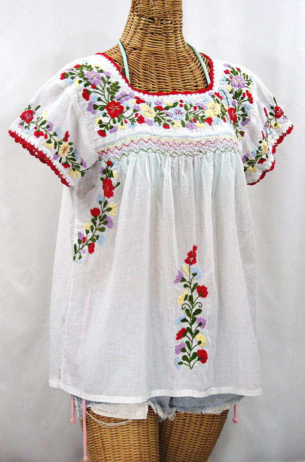 "La Marina Corta" Embroidered Mexican Peasant Blouse - White + Multi