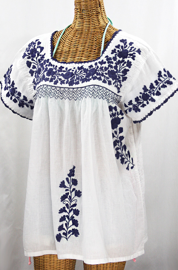 "La Marina Corta" Embroidered Mexican Peasant Blouse - White + Navy