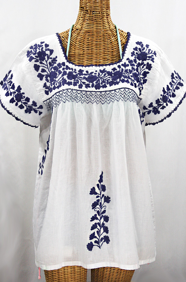 "La Marina Corta" Embroidered Mexican Peasant Blouse - White + Navy