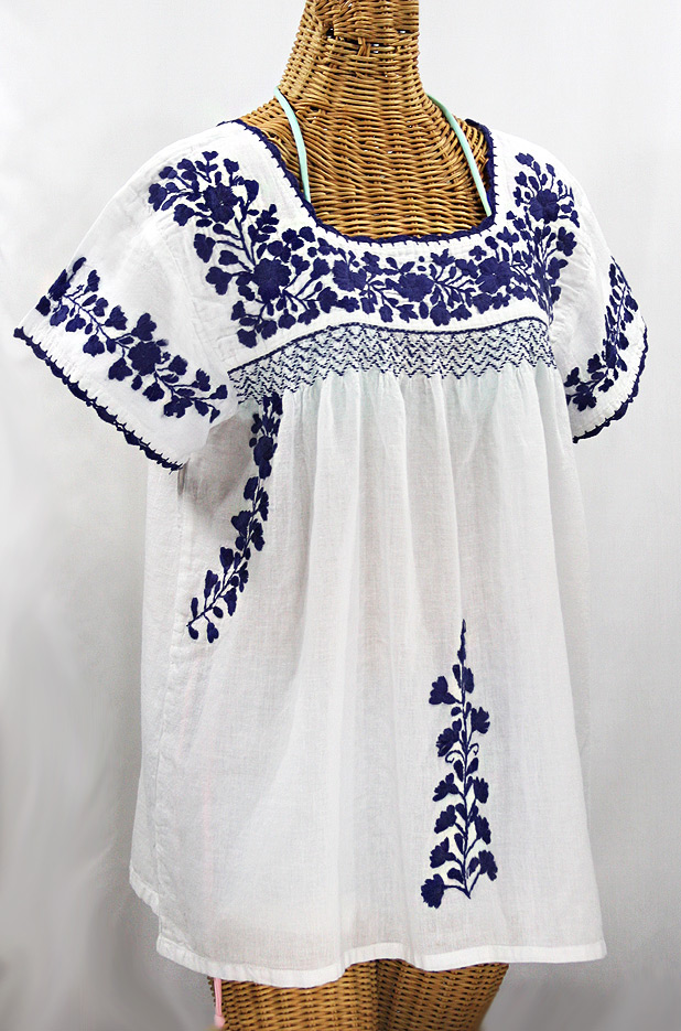 "La Marina Corta" Embroidered Mexican Peasant Blouse - White + Navy