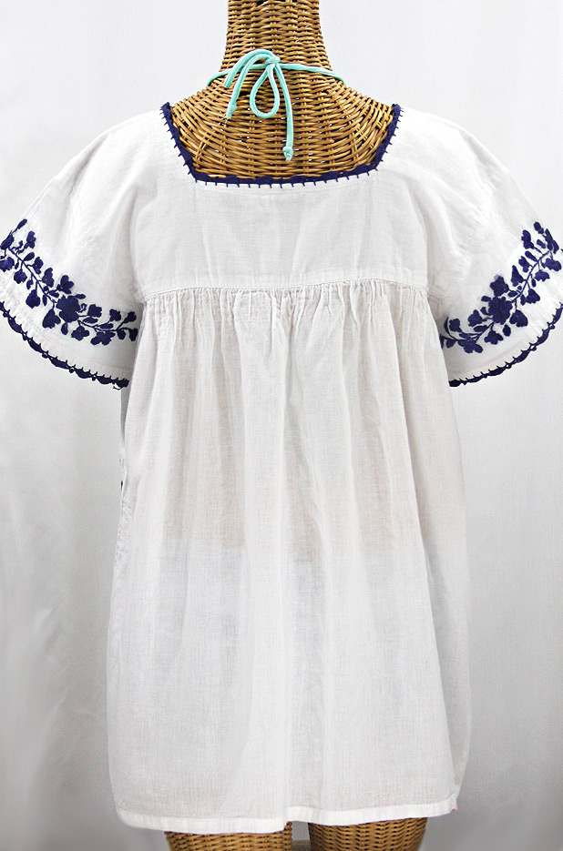 "La Marina Corta" Embroidered Mexican Peasant Blouse - White + Navy