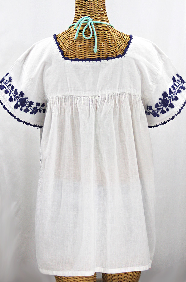 "La Marina Corta" Embroidered Mexican Peasant Blouse - White + Navy