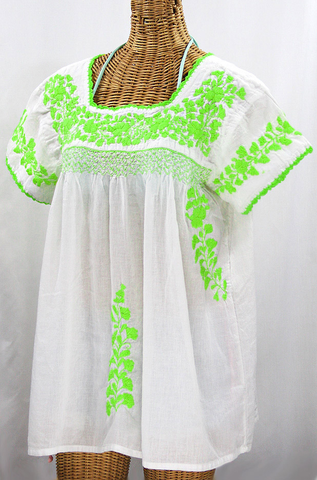 "La Marina Corta" Embroidered Mexican Peasant Blouse - White + Neon Green
