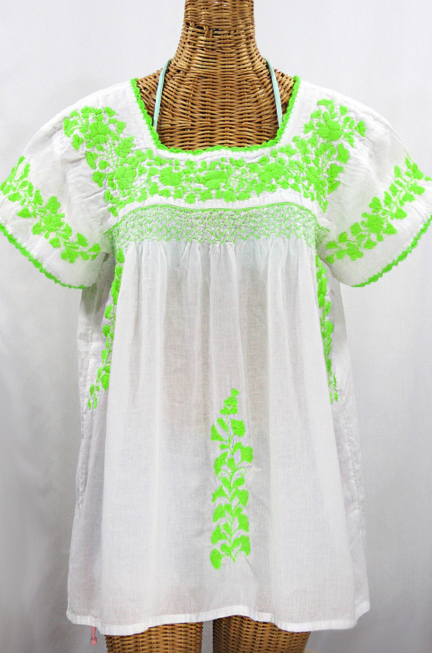 "La Marina Corta" Embroidered Mexican Peasant Blouse - White + Neon Green