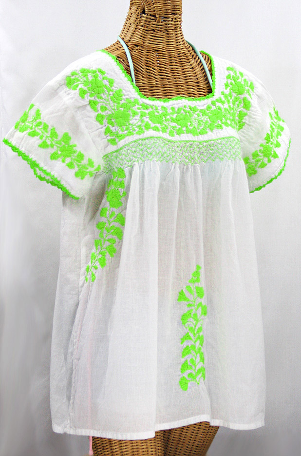 "La Marina Corta" Embroidered Mexican Peasant Blouse - White + Neon Green