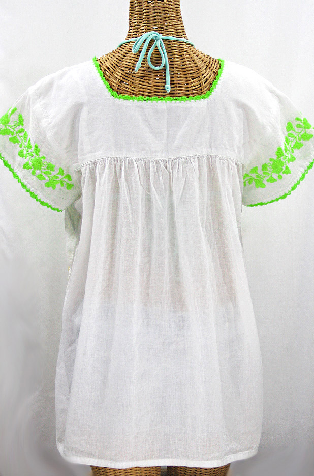 "La Marina Corta" Embroidered Mexican Peasant Blouse - White + Neon Green