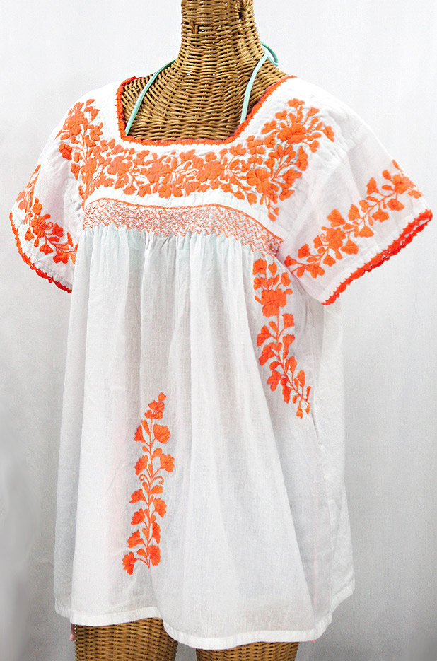 "La Marina Corta" Embroidered Mexican Peasant Blouse - White + Neon Orange