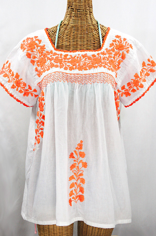 "La Marina Corta" Embroidered Mexican Peasant Blouse - White + Neon Orange