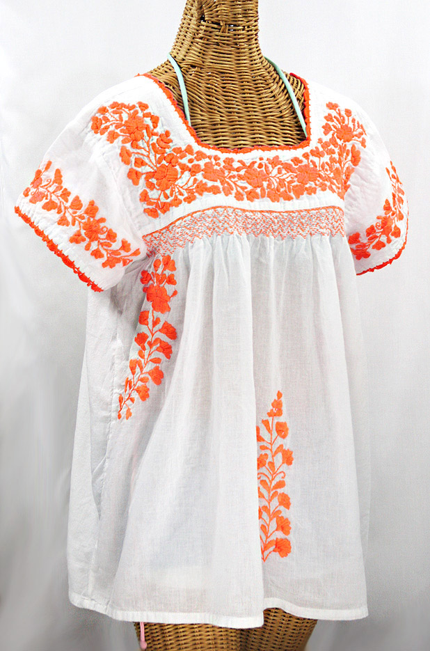 "La Marina Corta" Embroidered Mexican Peasant Blouse - White + Neon Orange