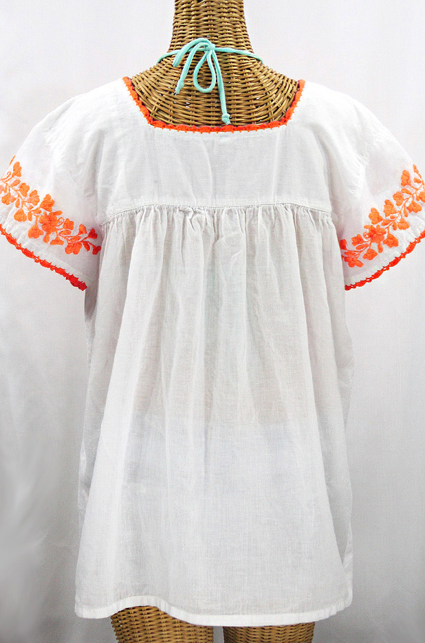 "La Marina Corta" Embroidered Mexican Peasant Blouse - White + Neon Orange