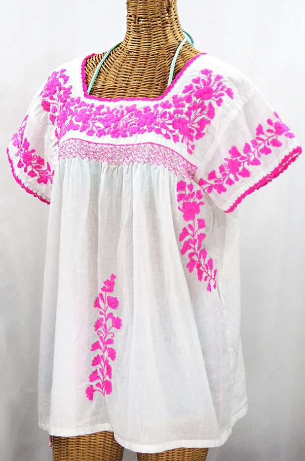 "La Marina Corta" Embroidered Mexican Peasant Blouse - White + Neon Pink