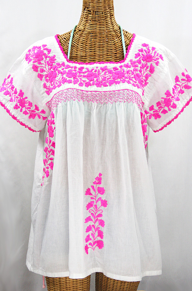 "La Marina Corta" Embroidered Mexican Peasant Blouse - White + Neon Pink