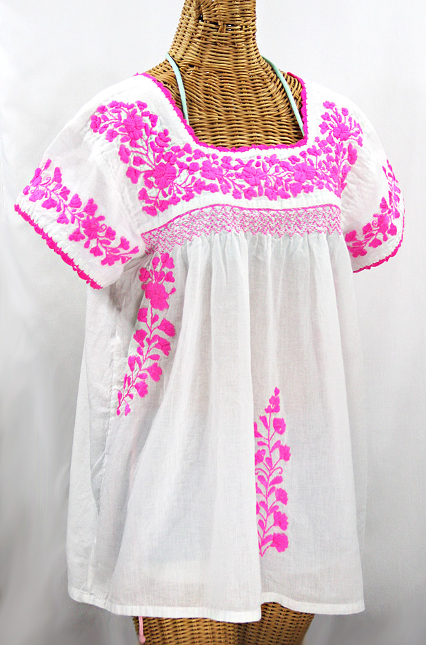 "La Marina Corta" Embroidered Mexican Peasant Blouse - White + Neon Pink