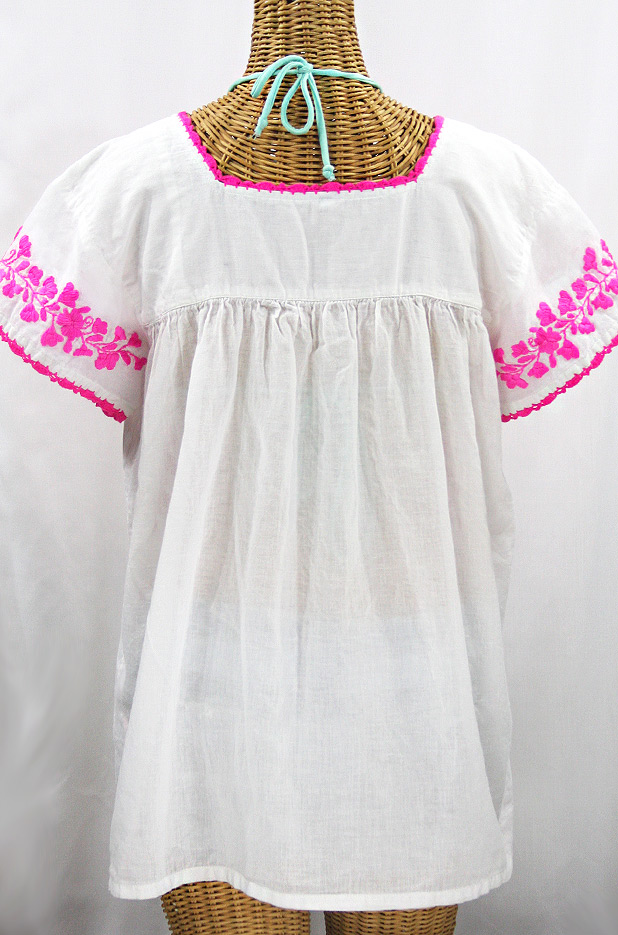 "La Marina Corta" Embroidered Mexican Peasant Blouse - White + Neon Pink