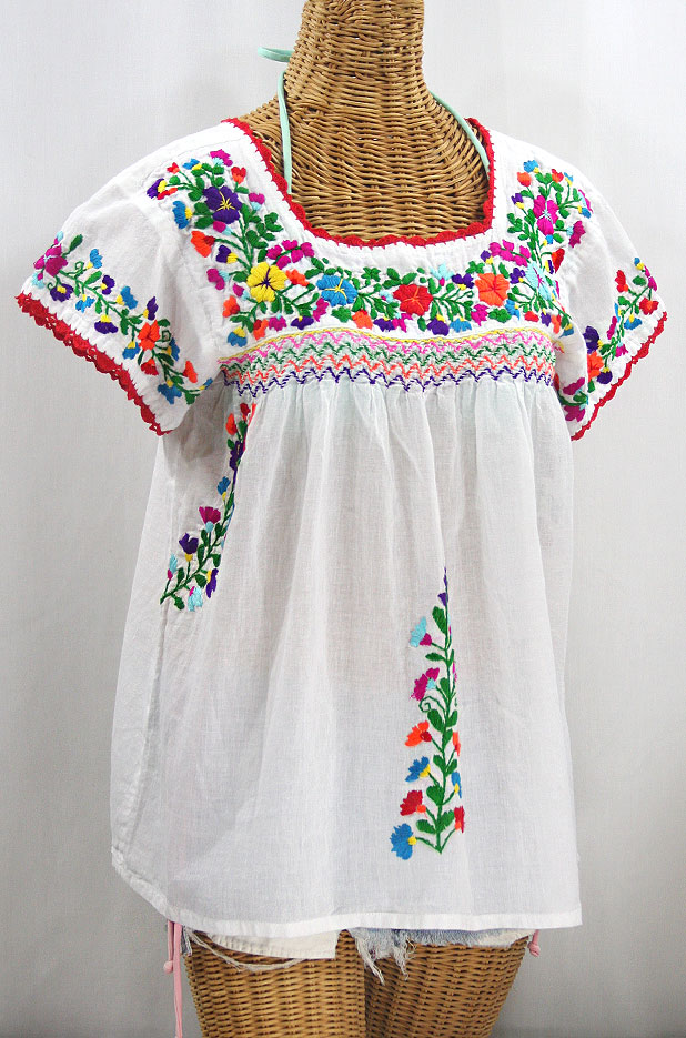 "La Marina Corta" Embroidered Mexican Peasant Blouse - White + Rainbow + Red Trim