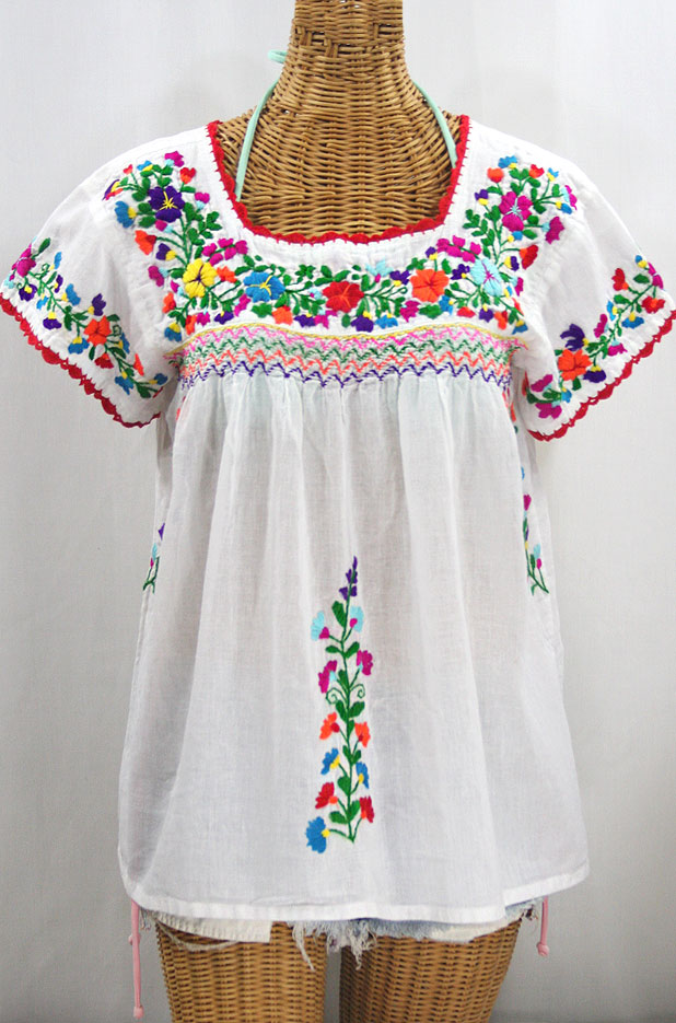 "La Marina Corta" Embroidered Mexican Peasant Blouse - White + Rainbow + Red Trim