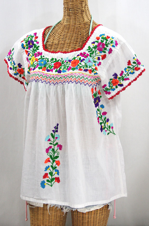 "La Marina Corta" Embroidered Mexican Peasant Blouse - White + Rainbow + Red Trim