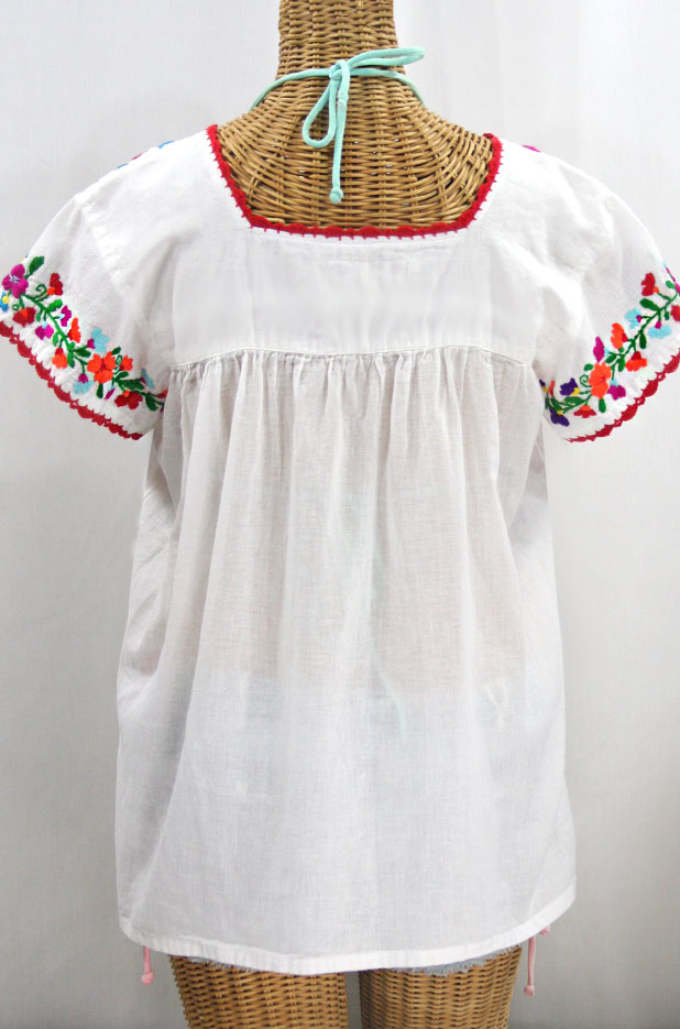 "La Marina Corta" Embroidered Mexican Peasant Blouse - White + Rainbow + Red Trim