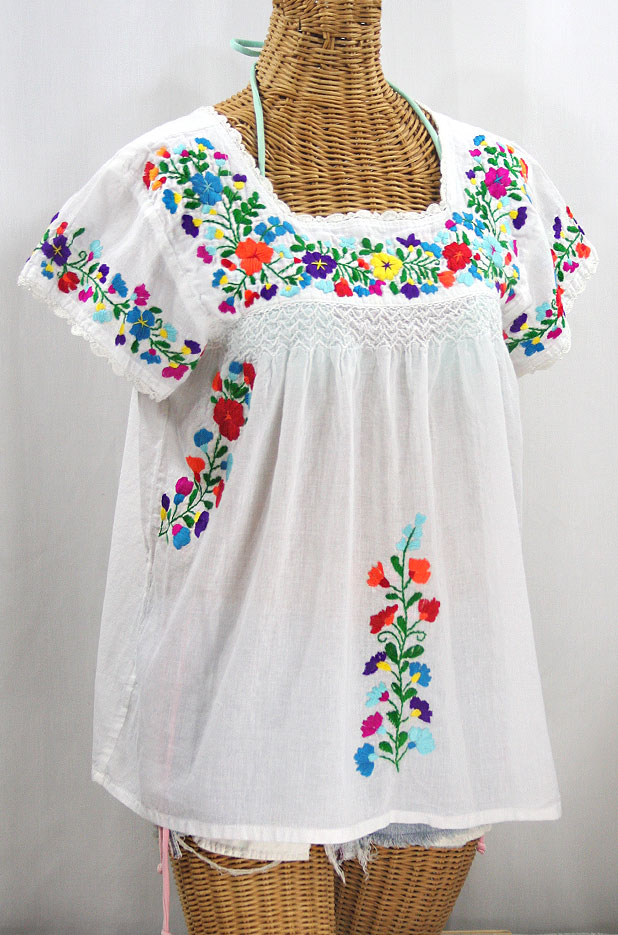 "La Marina Corta" Embroidered Mexican Peasant Blouse - White + Rainbow + White Trim