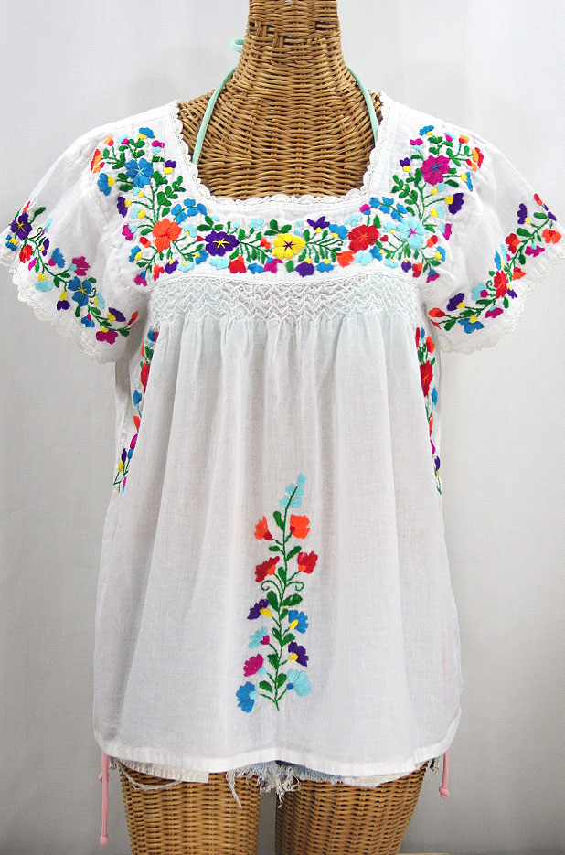 "La Marina Corta" Embroidered Mexican Peasant Blouse - White + Rainbow + White Trim