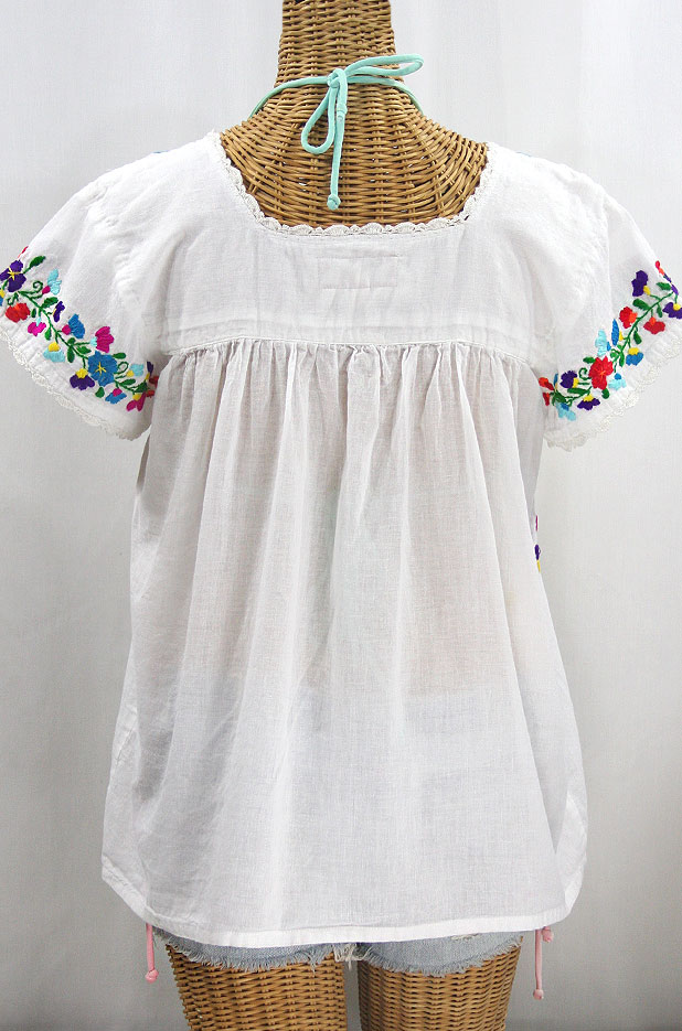 "La Marina Corta" Embroidered Mexican Peasant Blouse - White + Rainbow + White Trim