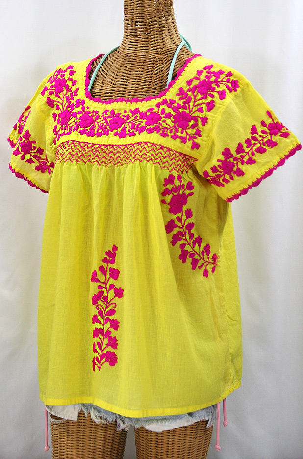 "La Marina Corta" Embroidered Mexican Peasant Blouse - Yellow + Magenta