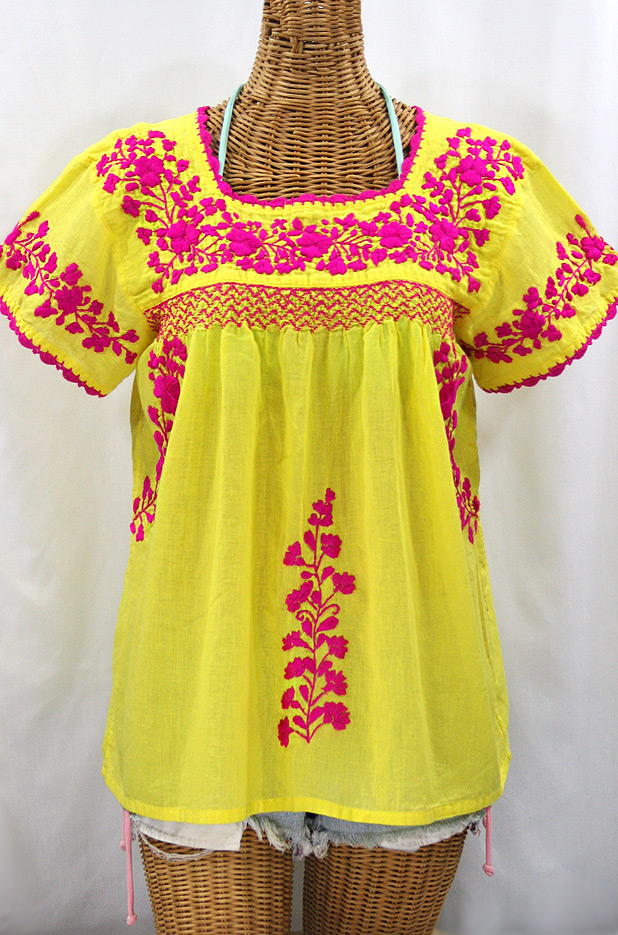 "La Marina Corta" Embroidered Mexican Peasant Blouse - Yellow + Magenta