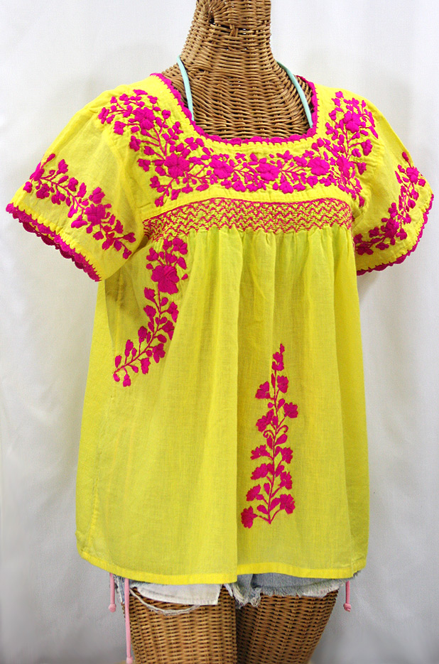 "La Marina Corta" Embroidered Mexican Peasant Blouse - Yellow + Magenta