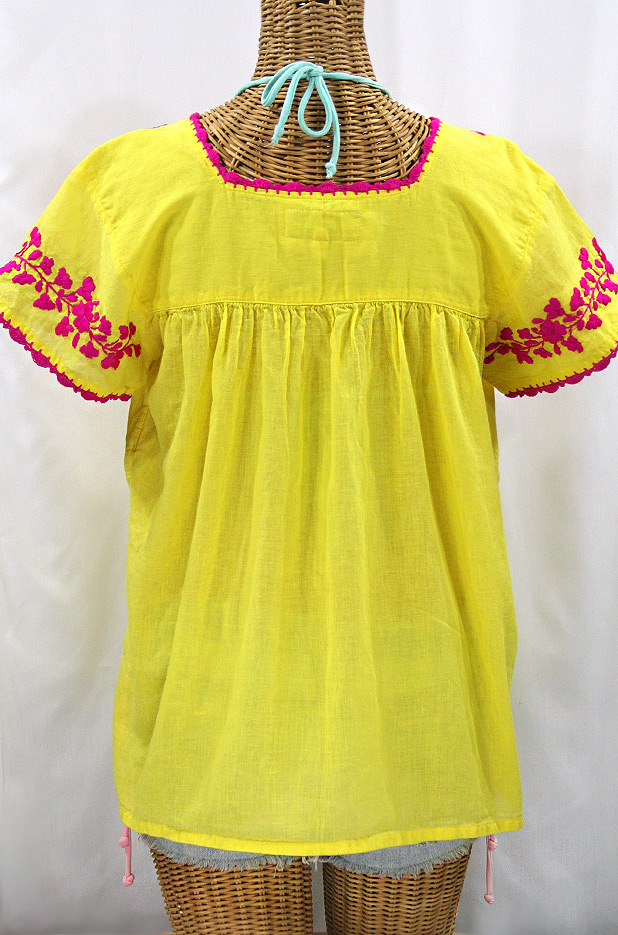 "La Marina Corta" Embroidered Mexican Peasant Blouse - Yellow + Magenta