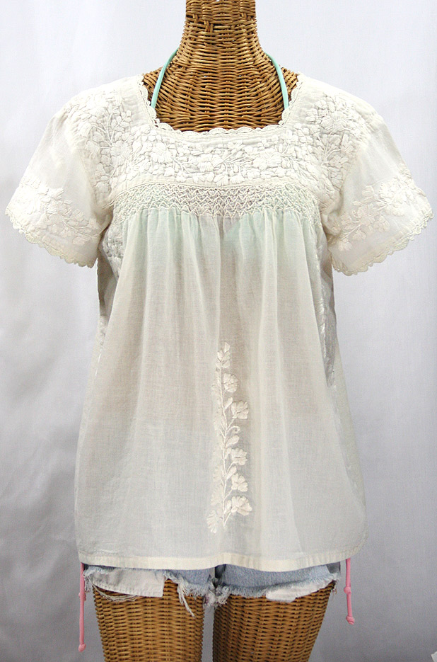 "La Marina Corta" Embroidered Mexican Peasant Blouse - All Off White