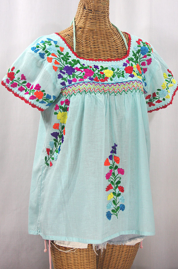 "La Marina Corta" Embroidered Mexican Peasant Blouse - Pale Blue + Rainbow Block