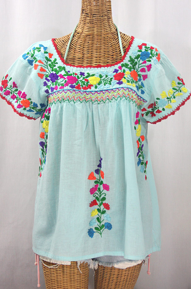 "La Marina Corta" Embroidered Mexican Peasant Blouse - Pale Blue + Rainbow Block