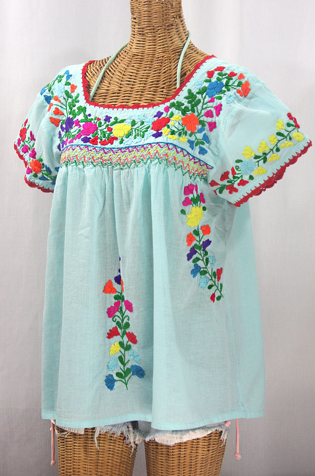 "La Marina Corta" Embroidered Mexican Peasant Blouse - Pale Blue + Rainbow Block