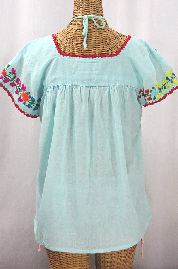 "La Marina Corta" Embroidered Mexican Peasant Blouse - Pale Blue + Rainbow Block