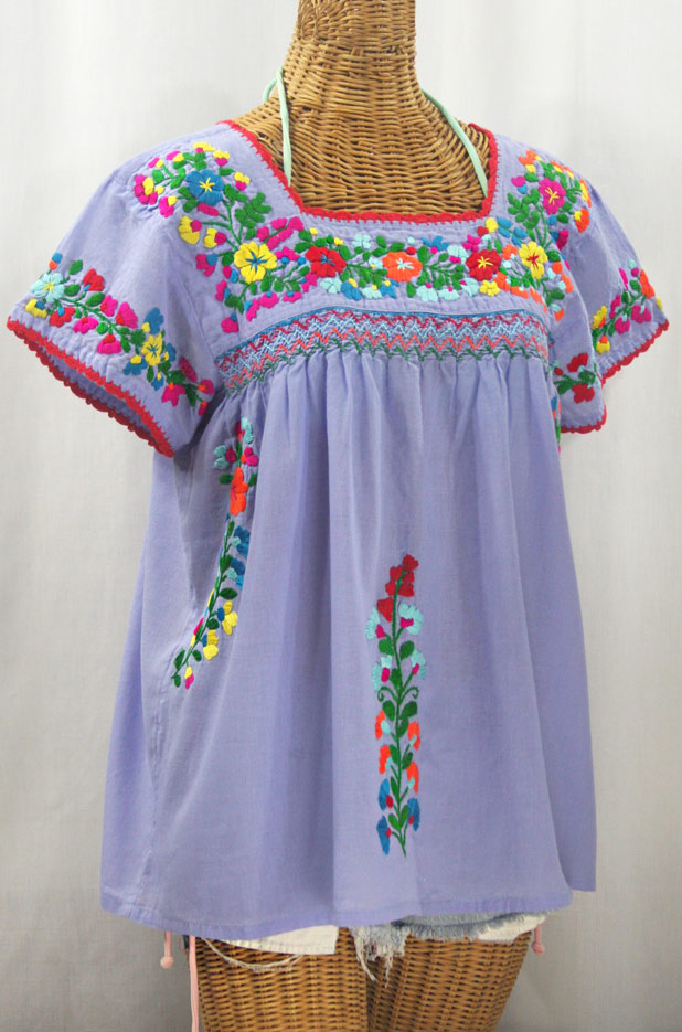 "La Marina Corta" Embroidered Mexican Peasant Blouse - Periwinkle + Rainbow