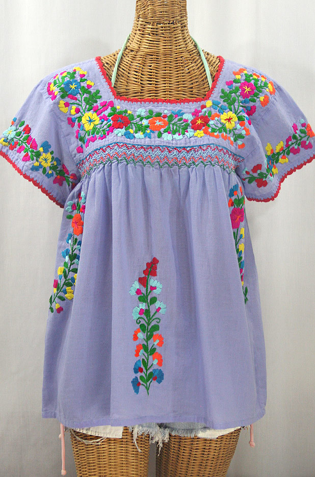 "La Marina Corta" Embroidered Mexican Peasant Blouse - Periwinkle + Rainbow