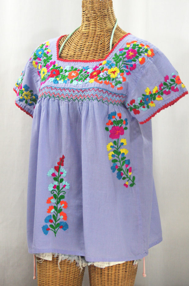 "La Marina Corta" Embroidered Mexican Peasant Blouse - Periwinkle + Rainbow