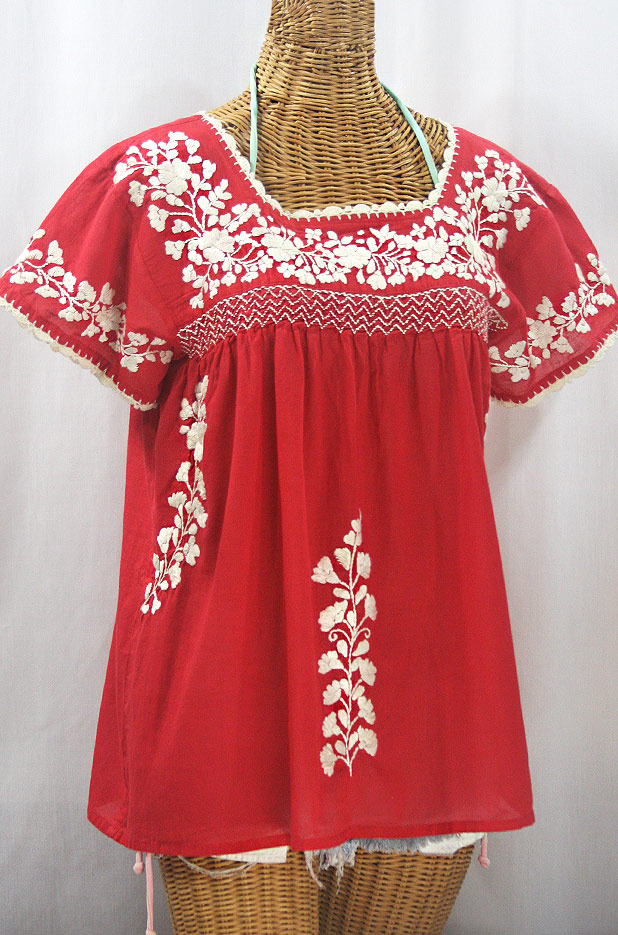 "La Marina Corta" Embroidered Mexican Peasant Blouse - Tomato Red + Cream